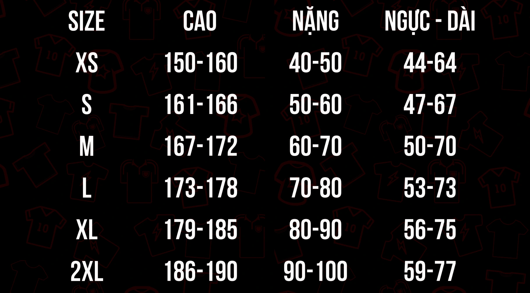 Bảng size áo Áo thể thao NVBPlay Boost Your Power